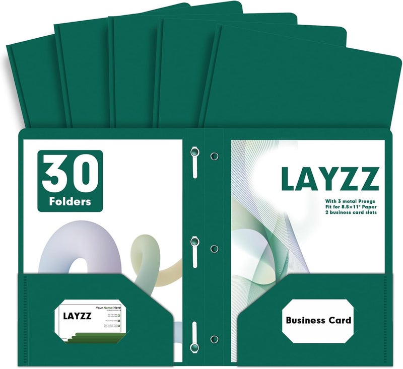 LAYZZ Plastic 2 Pocket Folders with Prongs, 30 Pack, Heavyweight, Letter Size Poly Folders with 3 Metal Prongs Fastener Clips (Green) - Image 1
